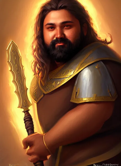 Image similar to a _ fantasy _ style _ portrait _ painting _ of esfandtv light brown male holy paladin with long wavy brown hair chubby and beard, hammer weapon, rpg dnd oil _ painting _ unreal _ 5 _ daz. _ rpg _ portrait _ extremely _ detailed _ artgerm _ greg _ rutkowski _ greg