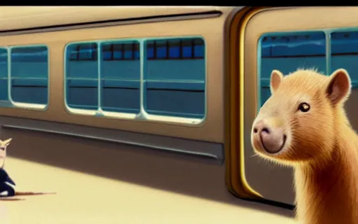 Image similar to a young girl and her pet capybara sitting in a train, art by hayao miyazaki, studio ghibli film, hi res, 4k, high detail