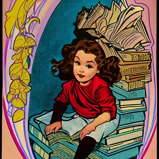 Prompt: a cute little girl with a mischievous face and short brown wavy curly hair sitting on top of a tall pile of books. well composed, clean elegant painting, beautiful detailed face. comic book art by steve ditko and jack kirby and ( alphonse mucha )