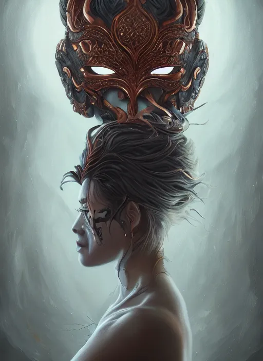 Image similar to a beautiful detailed oil on copper art illustration of a japanese kokushikijo mask devil woman, centered, by charlie bowater, zeng fanzh, trending on artstation, dim dusk lighting, cinematic lighting, detailed lighting, volumetric lighting, realistic, f 8, 4 k hd wallpaper