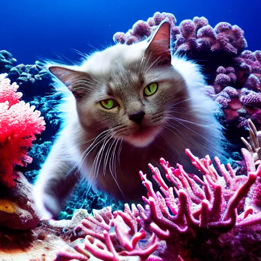 Image similar to a cat under water dives through a coral reef, 8k photography