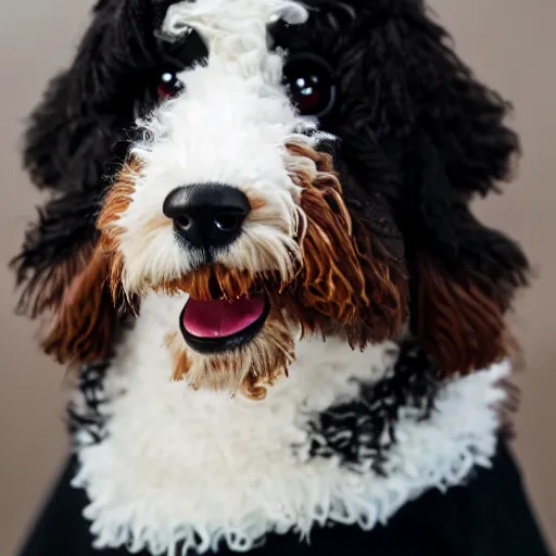 Image similar to a closeup photorealistic photograph of a cute smiling knitted bernedoodle judge dog dressed in a black gown, presiding over the courthouse. indoor image, professional capture, well lit shot. this 4 k hd image is trending on artstation, featured on behance, well - rendered, extra crisp, features intricate detail, epic composition and the style of unreal engine.