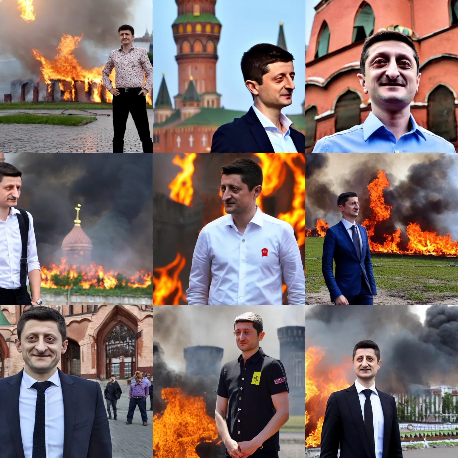 Prompt: Vladimir Zelensky in embroidered shirt standing in front of burning Kremlin