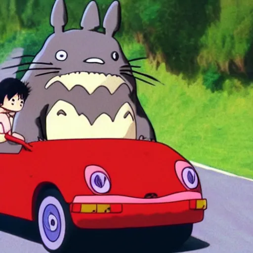 Prompt: totoro driving in a car to tokyo