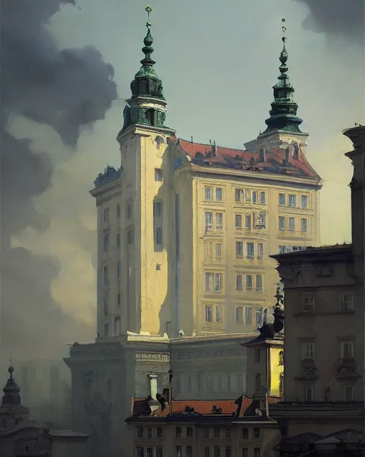 Prompt: the city of warsaw, poland. fantasy art by greg rutkowski, gustave courbet, rosa bonheur, edward hopper. faithfully depicted architecture, realistic, sharp focus, global illumination, radiant light, detailed and intricate environment, trending on artstation