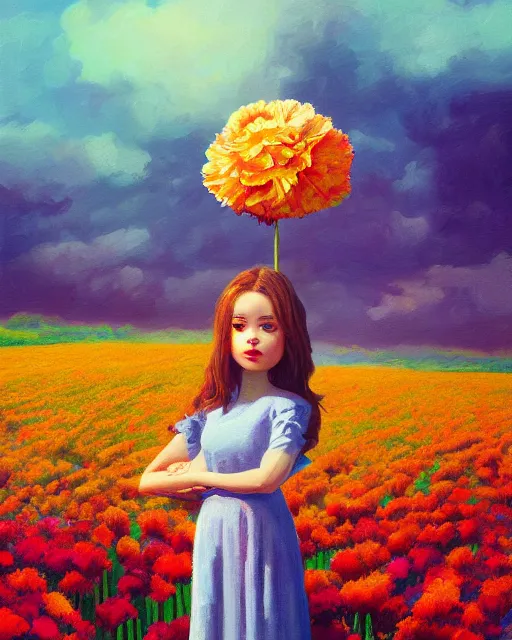 Image similar to girl with a giant carnation as face, surreal photography, flower field, sunset dramatic light, impressionist painting, colorful clouds, blue sky, digital painting, artstation, simon stalenhag