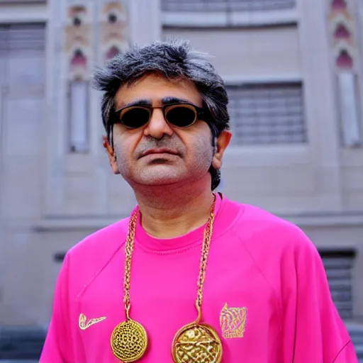 Prompt: jafar panahi, clean shaven, wearing an umbro pink tracksuit and gold necklace with large star shaped intricate gold medallion