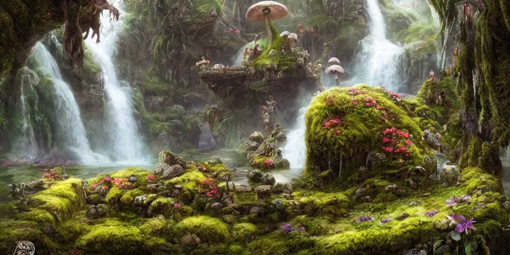 Image similar to fairyland scenery landscape, lord of the rings, waterfalls, monoliths, flowers, mushroom structures, moss highly detailed, vivid color, perfect lighting, perfect composition, 8 k, brian froud, artgerm, derek zabrocki, greg rutkowski