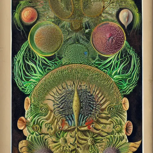 Prompt: lifecycle diagram of an alien organism, watercolor by ernst haeckel and henri rousseau