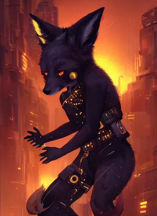 Image similar to award winning beautiful portrait commission of a male furry anthro melanated fox fursona with a tail and a cute beautiful attractive detailed furry face wearing stylish black and gold cyberpunk clothes in a cyberpunk city at night while it rains. Character design by charlie bowater, ross tran, artgerm, and makoto shinkai, detailed, inked, western comic book art