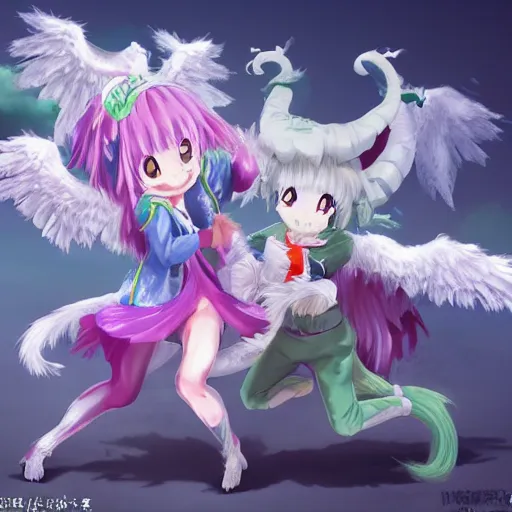 Image similar to realistic kobayashi and toohru in dragon form, from kobayashi's dragon maid, along with kanna kamui, also in dragon form play fighting in green meadow, lighting, high - contrast, intricate, elegant, highly detailed, centered, digital painting, artstation, concept art, smooth, sharp focus, illustration 8 k