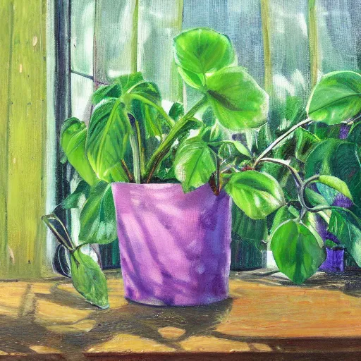 Prompt: several green and violet poisonous spiked vines grow from a pot, on wooden table in the ray of sunshine in greenhouse, oil painting, sharp focus, high detailed, calm, warm lighting, sparkles, by Rutkowsky