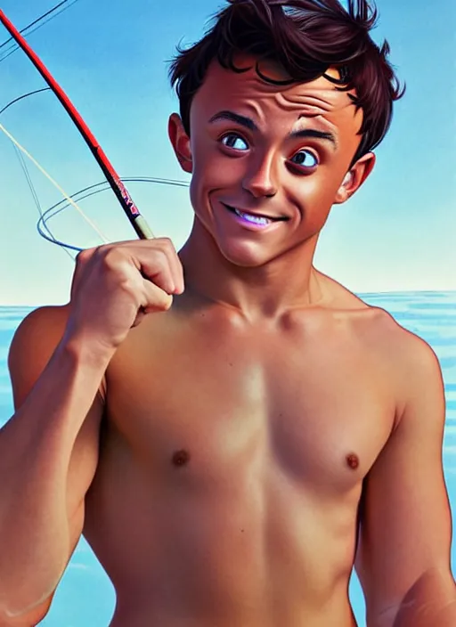 Image similar to cute fisherman tom daley, natural lighting, path traced, highly detailed, high quality, digital painting, by don bluth and ross tran and studio ghibli and alphonse mucha, artgerm