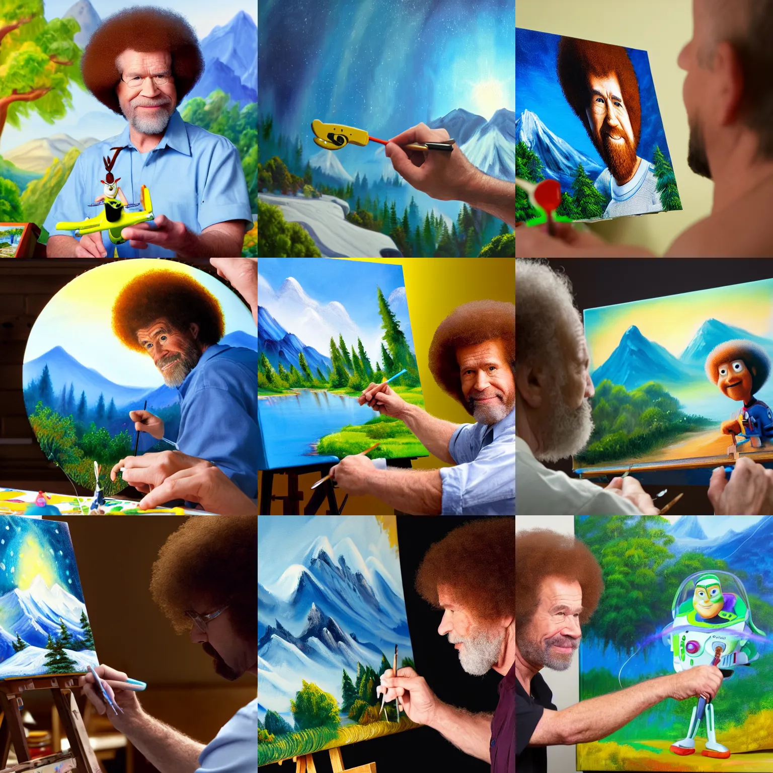 Prompt: a closeup photorealistic photograph of bob ross painting an image of a buzz light year toy on a canvas. mountains and trees. film still. brightly lit scene. this 4 k hd image is trending on artstation, featured on behance, well - rendered, extra crisp, features intricate detail, epic composition and the style of unreal engine.