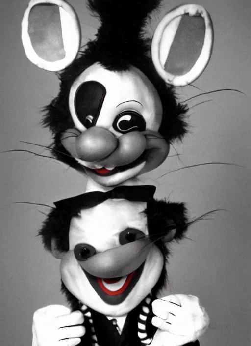 Image similar to Chuck E. Cheese mascot grainy 1940’s circus portrait of an anthropomorphic rat animatronic dressed like a clown, professional portrait HD, mouse, Chuck E. Cheese head, authentic, mouse, costume weird