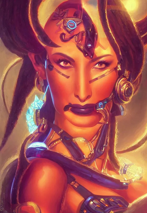 Prompt: symmetra from overwatch, bust, fantasy, fantasy art, fantasy, colorful, elegant, character portrait, portrait, close up, highly detailed, intricate detail, amazing detail, sharp focus, vintage fantasy art, vintage sci - fi art, radiant light, caustics, by boris vallejo