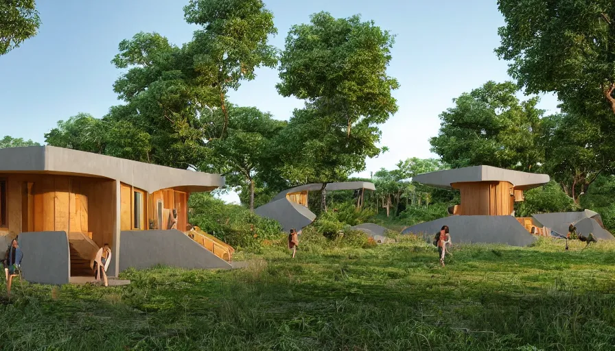 Image similar to An architectural rending of an eco-community neighborhood of innovative contemporary 3D printed sea ranch style cabins with rounded corners and angles, beveled edges, made of cement and concrete, organic architecture, in a lush green eco community with side walks, parks and public space , Designed by Gucci and Wes Anderson, golden hour