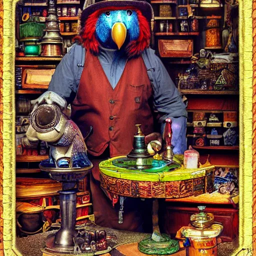 Image similar to Anthropomorphized parrot trader in his shop, medium shot, hands on counter, items, weapons, magic potions, trinkets, carpet, lamps, window, fancy hat, warm light, sly expression, cunning expression, cute expression, long thick shiny black beak, D&D, fantasy, cinematic lighting, highly detailed, digital painting, artstation, concept art, smooth, sharp focus, illustration, warm light, cozy warm tint, strong colours, magic the gathering artwork, volumetric lighting, 8k, art by Akihiko Yoshida, Greg Rutkowski