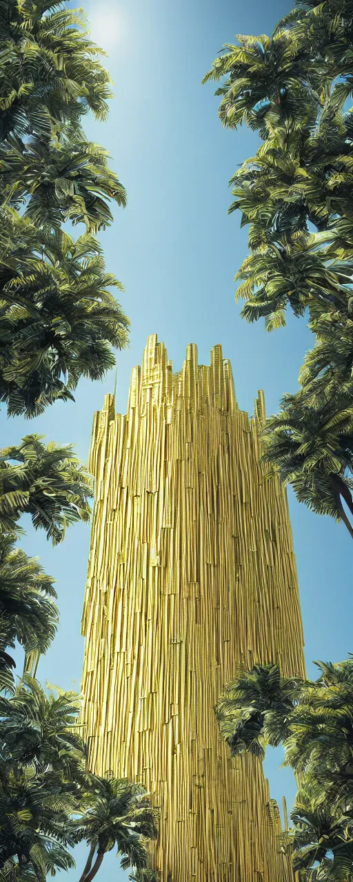 Image similar to epic eye level view of a contemporary tower, golden intricate details, golden facade, sacred architecture, hanging gardens, cascading highrise, arid mountains with lush palm forest, photorealistic, sunlight, 8 k, post - production, octane, cgi, sfx