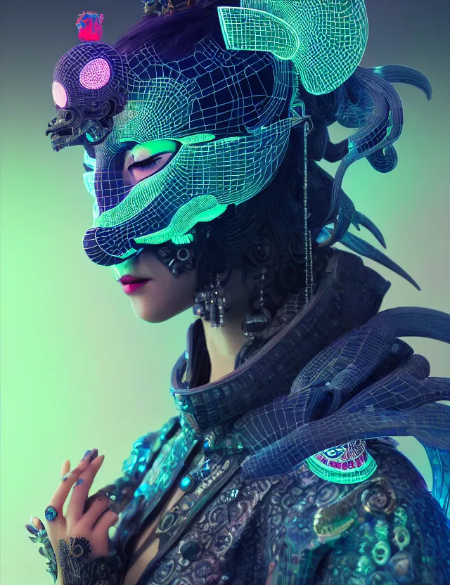 Image similar to 3 d goddess close - up profile portrait cyberpunk with ram skull. beautiful intricately detailed japanese crow kitsune mask and clasical japanese kimono. betta fish, jellyfish phoenix, bio luminescent, plasma, ice, water, wind, creature, artwork by tooth wu and wlop and beeple and greg rutkowski