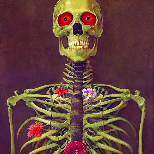 Prompt: 'Life from death' A beautiful detailed aesthetic horror full body portrait painting depicting 'A complete skeleton with plants and flowers growing all over it, birds and insects flying all around it' by Odilon Redon and giuseppe arcimboldo, Trending on cgsociety artstation, 8k, masterpiece, cinematic lighting.