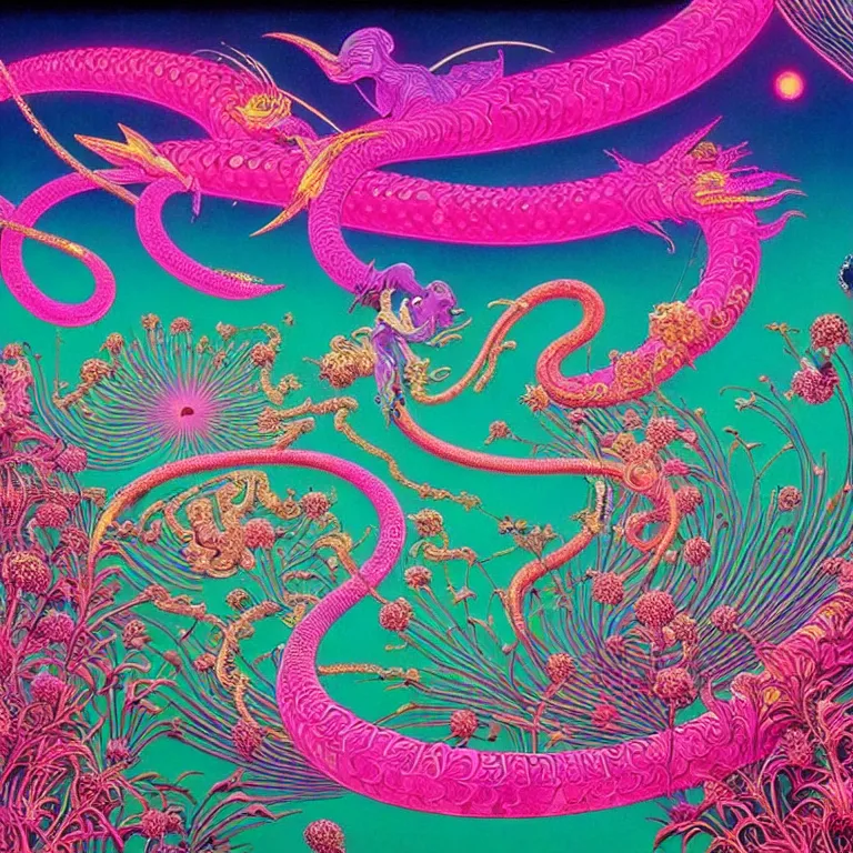 Prompt: pink crescent moon, magical crystal towers, hallucinogenic smoke serpent, bright neon colors, highly detailed, cinematic, hiroo isono, eyvind earle, philippe druillet, roger dean, lisa frank, aubrey beardsley, ernst haeckel