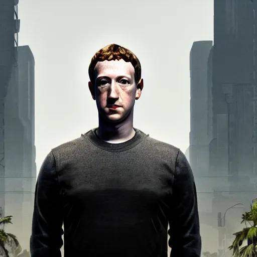 Image similar to imposing, ominous portrait of Mark Zuckerberg as a grand theft auto 5 loading screen, symmetry, front view, intricate, studio, art by anthony macbain + greg rutkowski + alphonse mucha, concept art, 4k, sharp focus