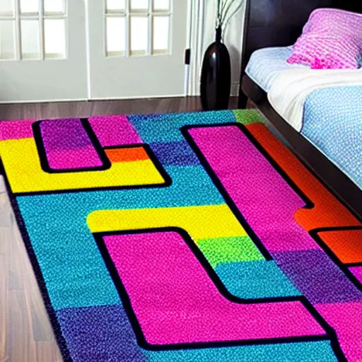 Image similar to a futuristic kids road map carpet rug, designed by lisa frank