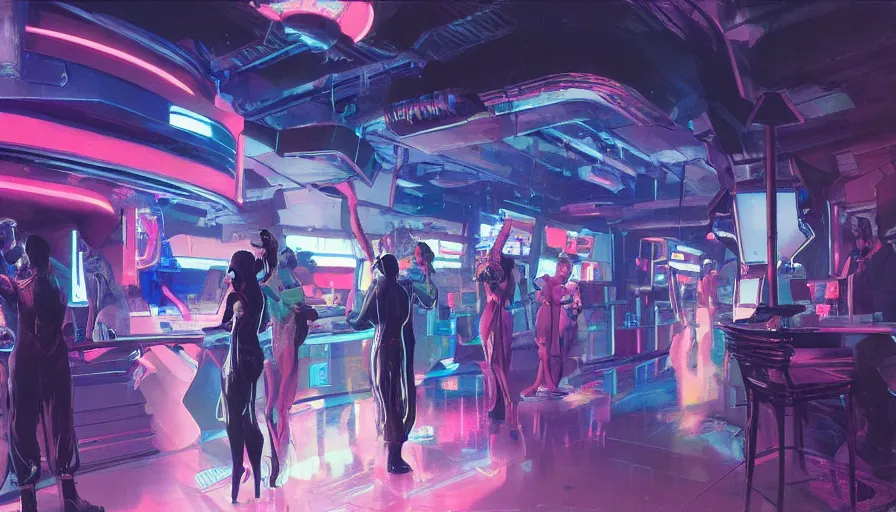Prompt: a group of augmented cyberpunk characters talking in a night club, neon lighting, sci-fi concept art, by Syd Mead, highly detailed, oil on canvas