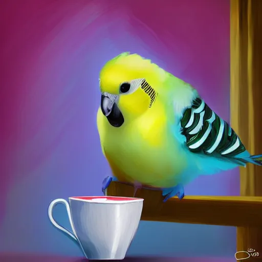 Image similar to fantasy painting of a budgie holsing a cup of tea, award winning, stylized, artstation, hd