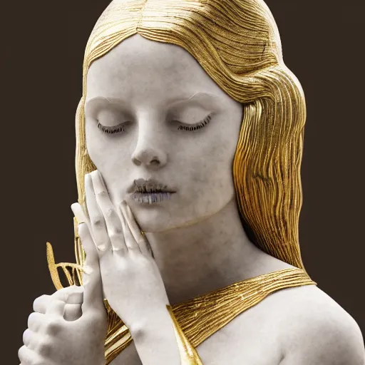 Prompt: a statue made of white marble with gold veins, of an beautiful pregnant woman in a light dress, perfect symmetrical body, perfect symmetrical face, closed eyes, hyper realistic, hyper detailed, fujicolor superia, bokeh background, full body shot, by peter kemp, by monia merlo octane render, blender, 8 k