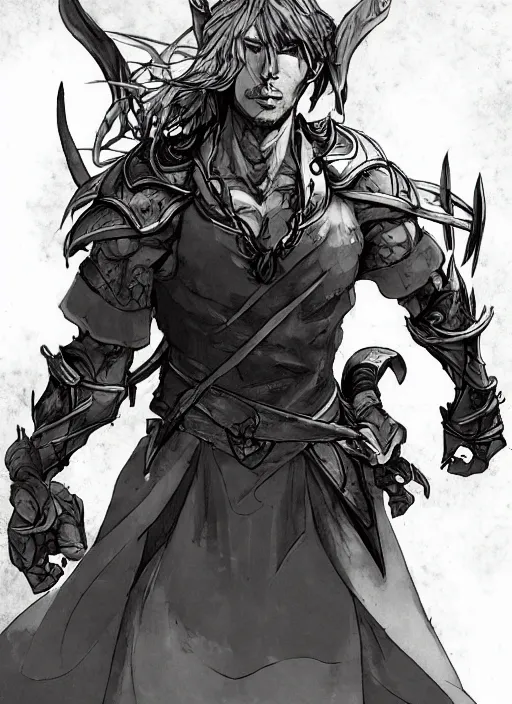 Image similar to Half body portrait of a handsome elven blacksmith working at the forge. In style of Yoji Shinkawa and Hyung-tae Kim, trending on ArtStation, dark fantasy, great composition, concept art, highly detailed, dynamic pose.
