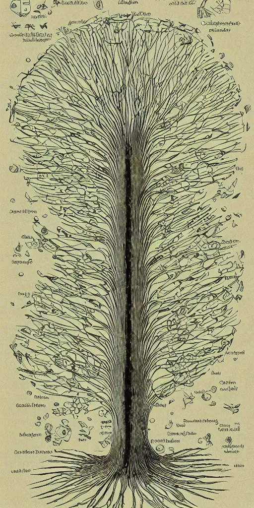 Image similar to detailed infographic by john howe of a giant beautiful diatom tree