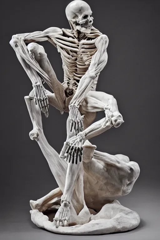 Image similar to epic and dramatic view of a statue depicting a man sculpting himself showing half of his body as a skeleton made in tannish polished marble, realistic and ultra detailed by bernini, 8 k