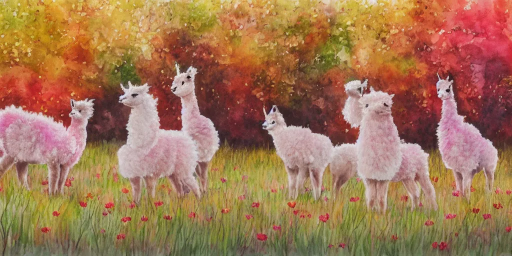 Prompt: water colour painting of fairy alpaca's in an autumn meadow, fantasy, vibrant, light pink tones, 8 k, high quality