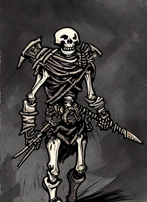 Image similar to concept art of a simple skeleton warrior in darkest dungeon, highly detailed, dark atmosphere, cosmic horror, body horror, lovecraft mythos, key character poster