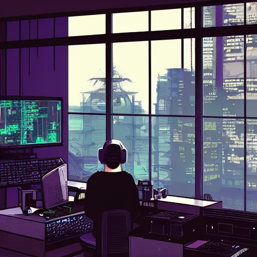 Prompt: Cyberpunk hacker wearing a headset sits at his terminal by a large window looking out at the city, Ukiyo-e, art station, cyberpunk