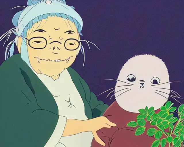 Prompt: fine details portrait of a joyful old lady and her plant cat, by Studio Ghibli. 8k, sharp high quality