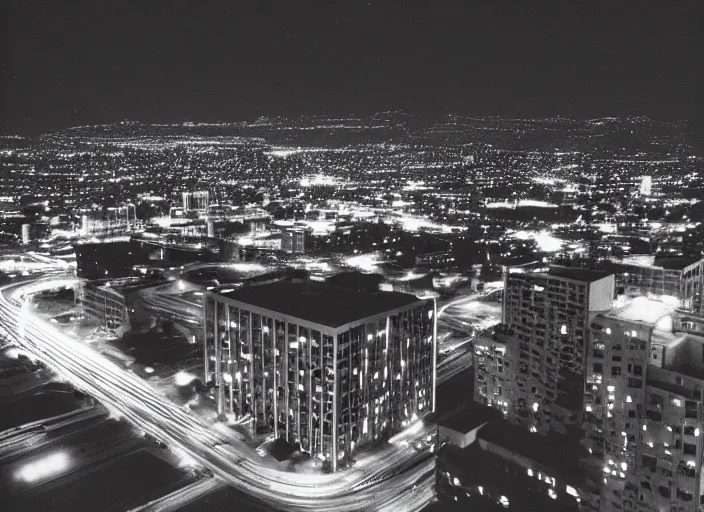 Image similar to looking up at a sprawling building complex seen from a dark parking lot in los angeles at night. 1 9 9 0 photo by james cameron