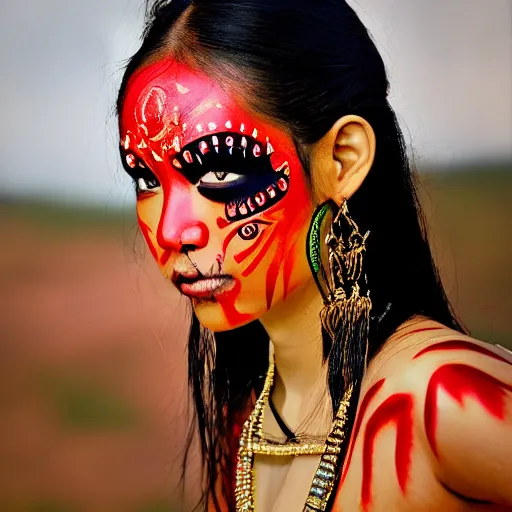 Prompt: portrait of a stunningly beautiful asian tribal female, red facepaint over the eyes in a wide stripe, depth of field, zeiss lens, detailed, symmetrical, centered, fashion photoshoot, by Annie Leibovitz and Steve McCurry, David Lazar, Jimmy Nelsson, Breathtaking, 8k resolution, extremely detailed, beautiful, establishing shot, artistic, hyperrealistic, beautiful face, octane render