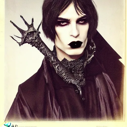 Image similar to head and shoulders vogue fashion photo portrait of a gothic male vampire prince, d & d, fantasy,