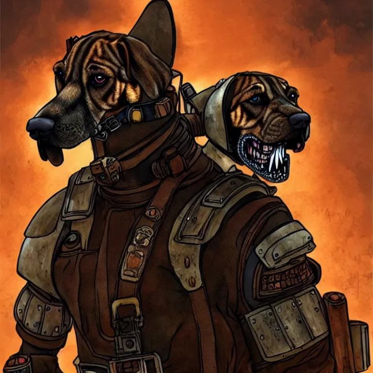 Image similar to a good ol'bloodhound pup fursona ( from the furry fandom ), heavily armed and armored facing down armageddon in a dark and gritty version from the makers of mad max : fury road. witness me.