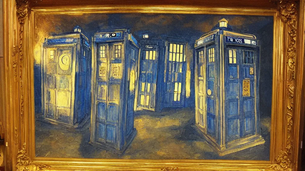 Image similar to an oil painting in the style of alan lee depicting the inside of the tardis