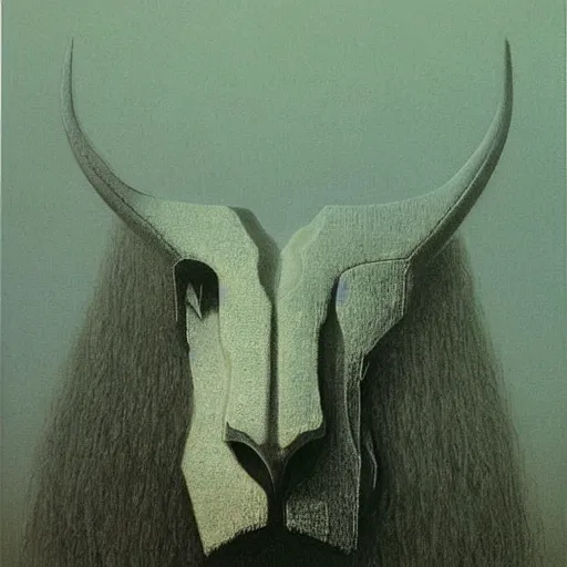 Image similar to the man with the beak of an eagle, the mane of a lion, the horns of a bull. drawn by zdzislaw beksinski