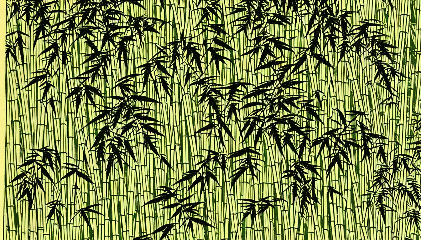 Image similar to close up of ferns with bamboo forest in the background by woodblock print