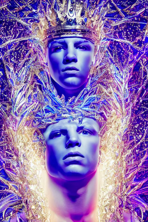 Prompt: hyper detailed ultra sharp portrait of baroque and bladerunner delicate neon diamond sculpture of seductive albino pharaoh nick jonas, sarcophagus blue iridescent humanoid deity wearing metallic hoody made out of hands holding the sun prismatic dungeon, glowing blue face, crown of white diamonds, cinematic lighting, photorealistic, octane render 8 k depth of field 3 d