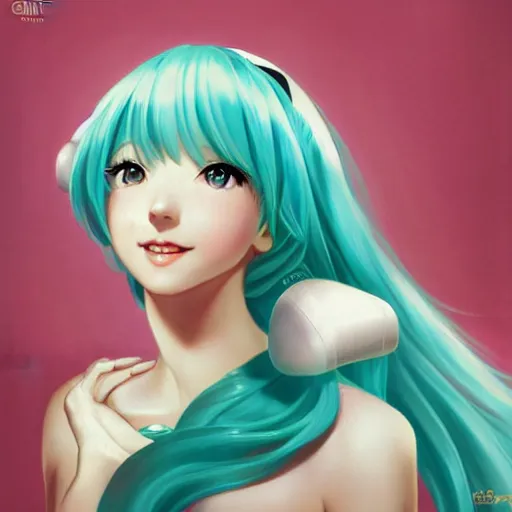 Image similar to Hatsune Miku by Gil Elvgren and Daniela Uhlig