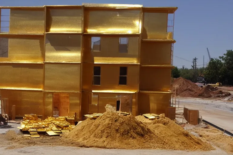 Prompt: a house, under construction, made of gold, with piles of money around it