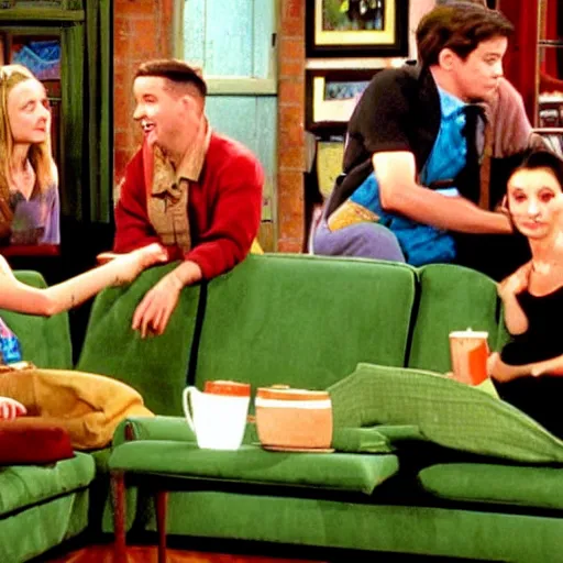 Image similar to still image from friends season 3 coffee shop green couch small cosy new york, by dr. suess