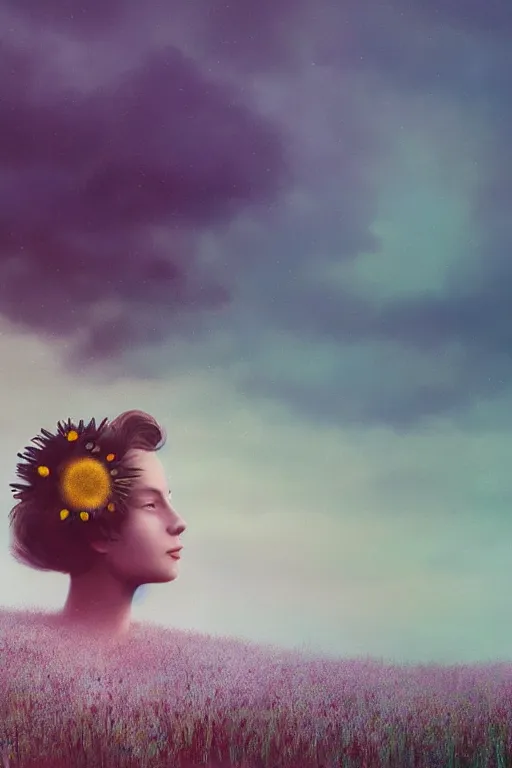 Prompt: portrait, large daisy flower head, a girl wearing coat in heather field, surreal photography, wind and cold, dramatic sky, impressionist painting, digital painting, artstation, simon stalenhag